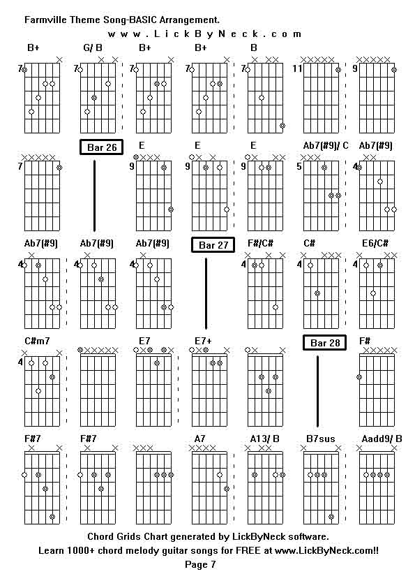 Chord Grids Chart of chord melody fingerstyle guitar song-Farmville Theme Song-BASIC Arrangement,generated by LickByNeck software.